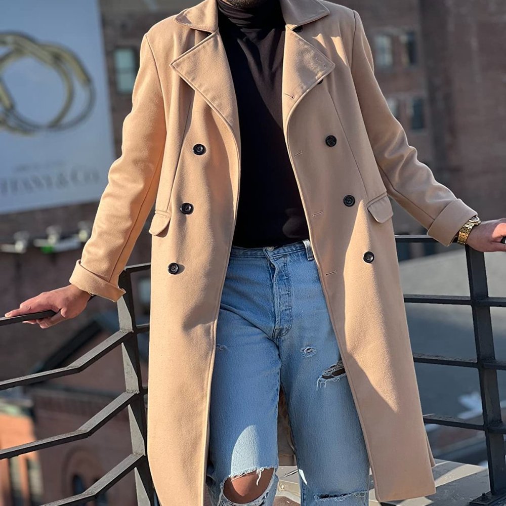 Men's Notch Lapel Double Breasted Long Trench Coat Casual Cotton Blend Peacoat